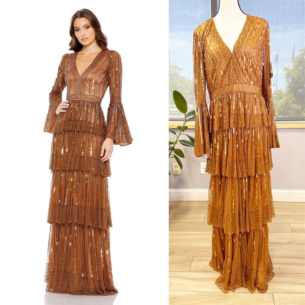 Embellished Bell Sleeve Tiered Gown